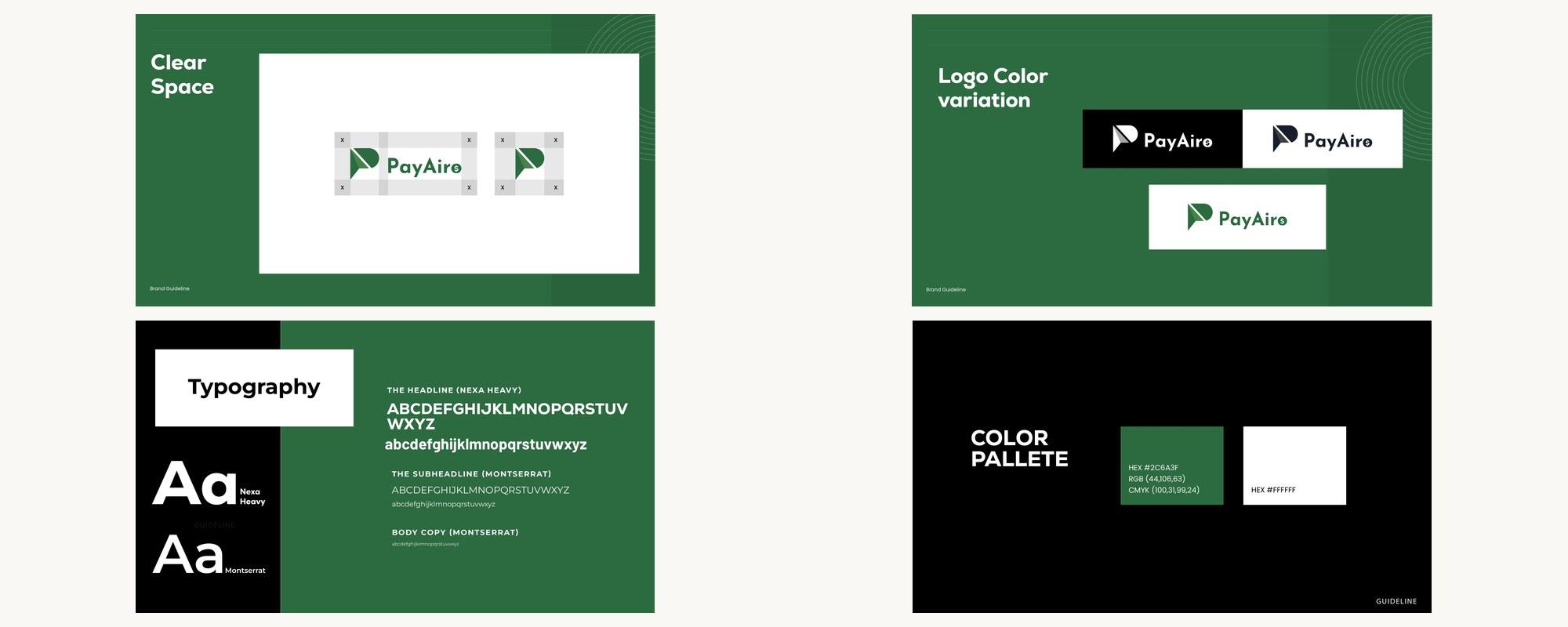 PayAiro brand guidelines — clear space, logo variations, typography, colour palette #2C6A3F